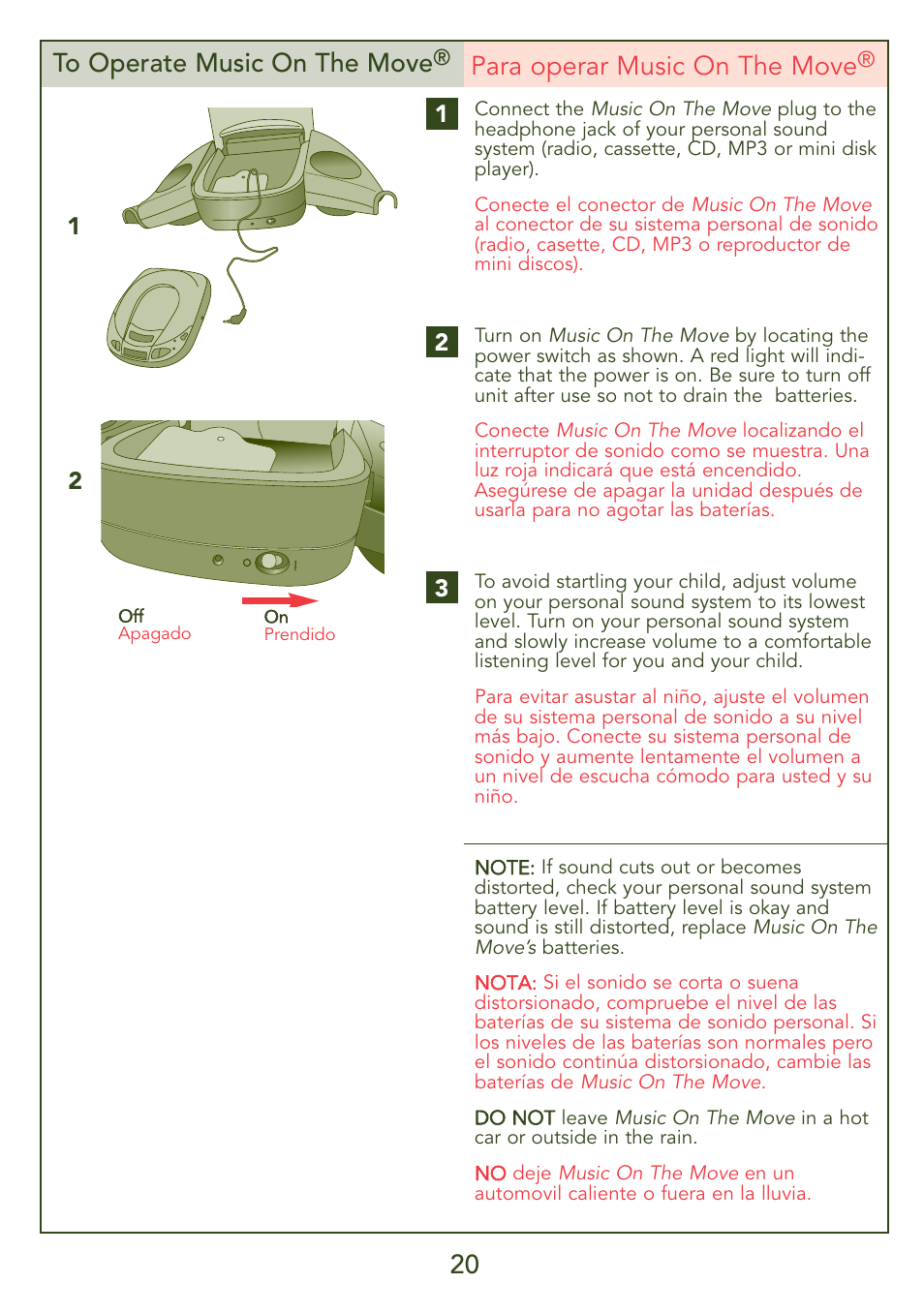 20 to operate music on the move, Para operar music on the move | Kolcraft JEEP OVERLAND S56J-R3 User Manual | Page 20 / 28