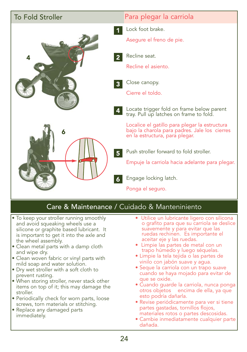 24 to fold stroller para plegar la carriola, Care & maintenance / cuidado & manteniniento | Kolcraft JEEP OVERLAND S56J-R3 User Manual | Page 24 / 28