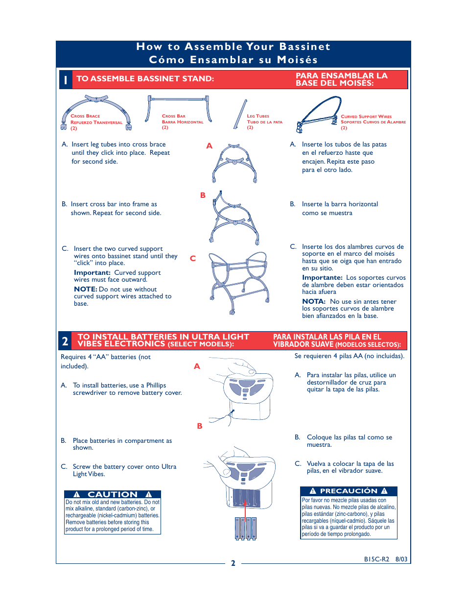 Acaution, Para instalar las pila en el vibrador suave | Kolcraft B15C-R2 User Manual | Page 2 / 6