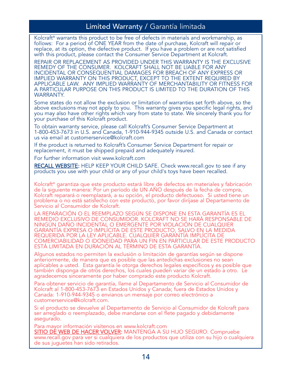 14 limited warranty / garantía limitada | Kolcraft B13-R7 1/04 User Manual | Page 14 / 18