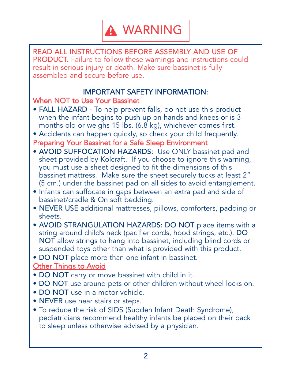 Warning | Kolcraft B13-R7 1/04 User Manual | Page 2 / 18