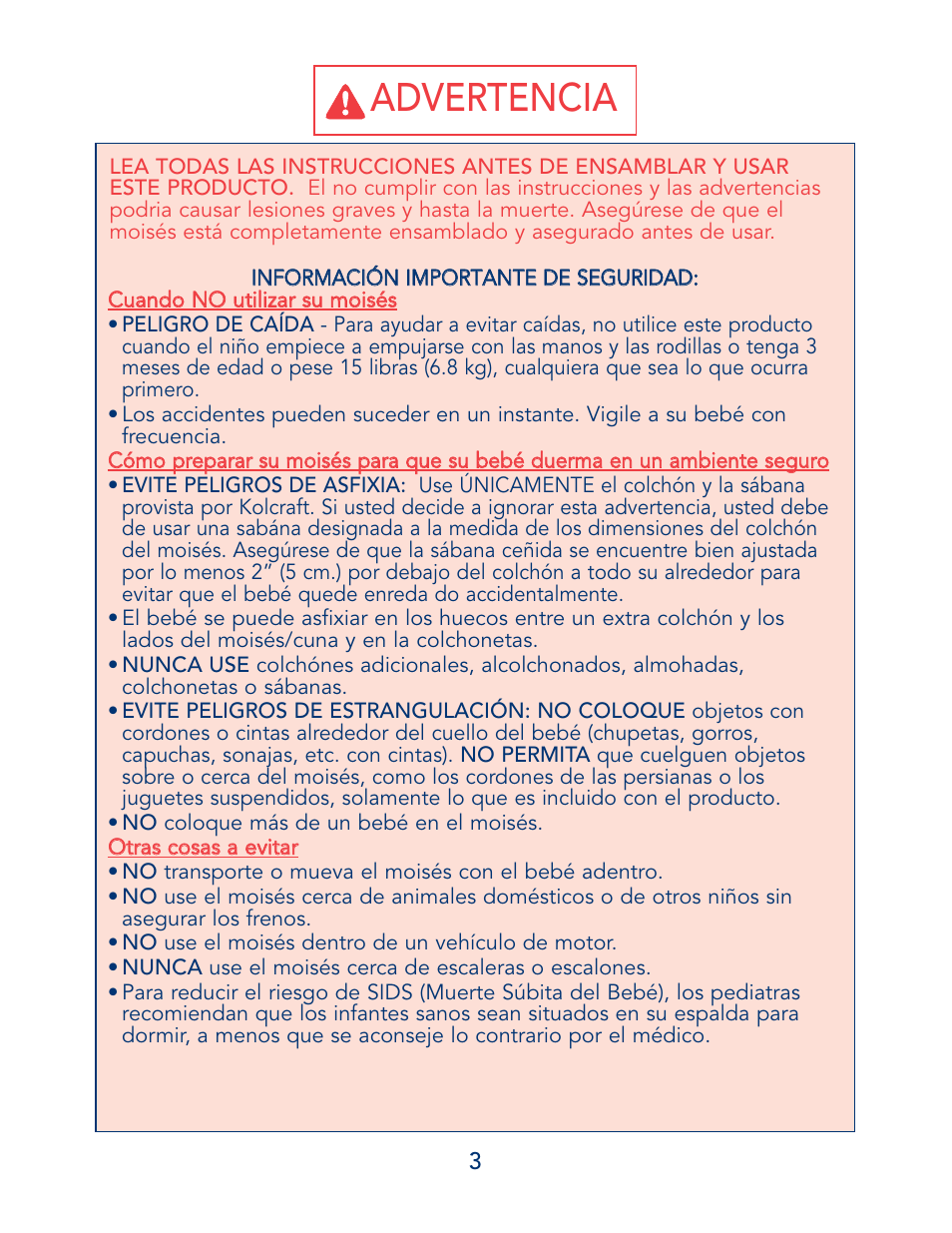 Advertencia | Kolcraft B13-R7 1/04 User Manual | Page 3 / 18