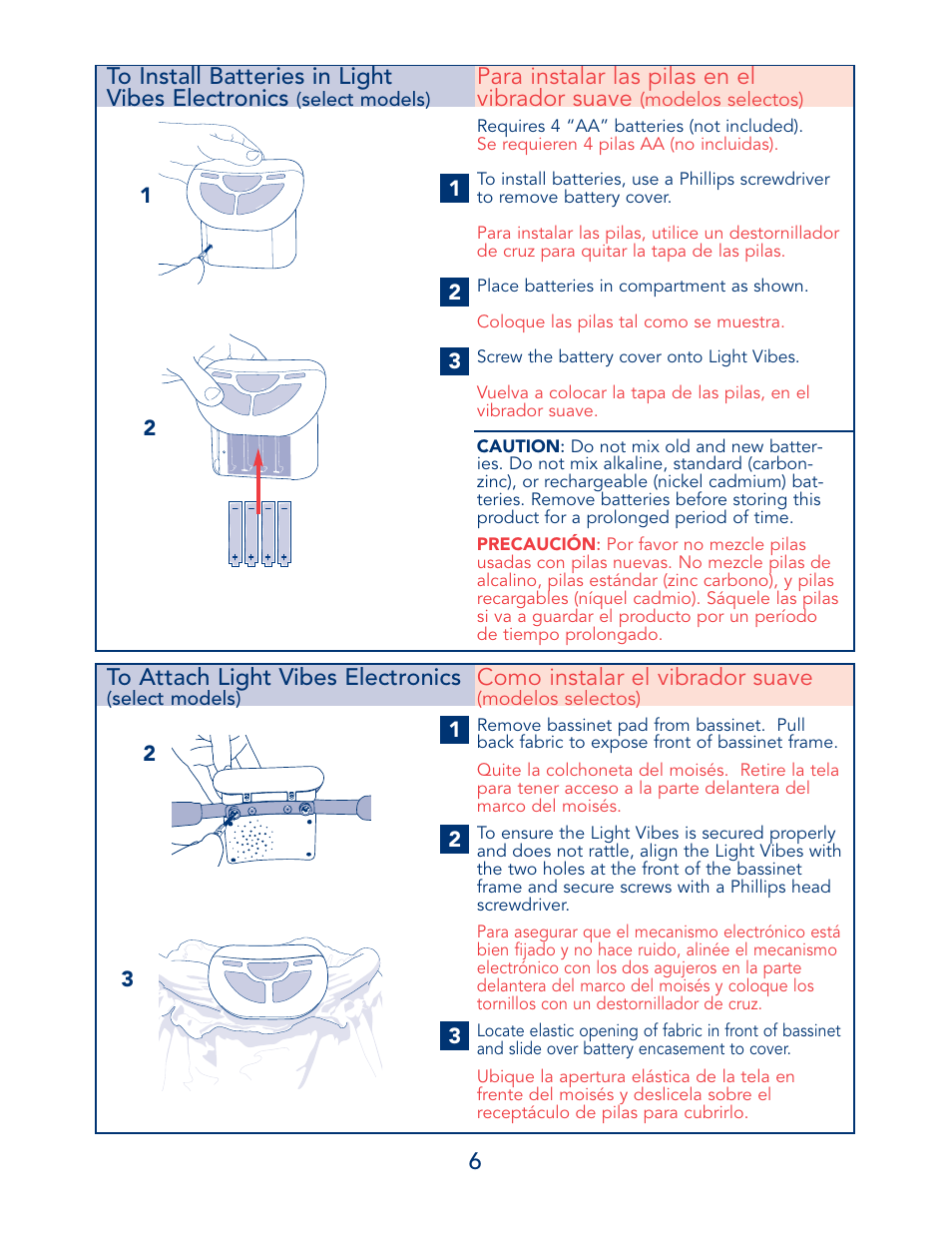 6to install batteries in light vibes electronics, Para instalar las pilas en el vibrador suave, Como instalar el vibrador suave | Kolcraft B13-R7 1/04 User Manual | Page 6 / 18