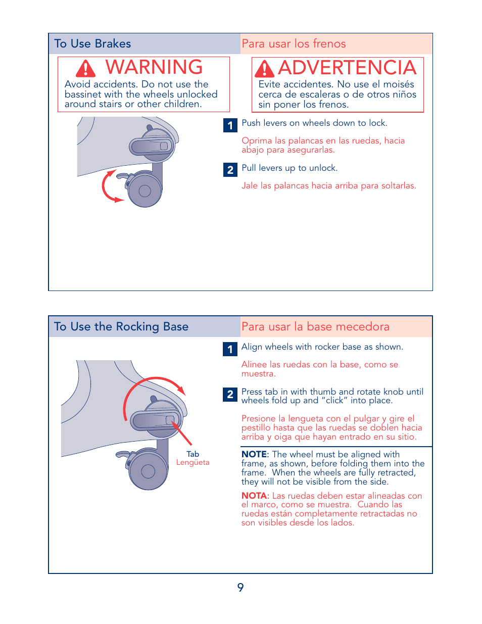 Warning, Advertencia, 9to use brakes para usar los frenos | Kolcraft B13-R7 1/04 User Manual | Page 9 / 18