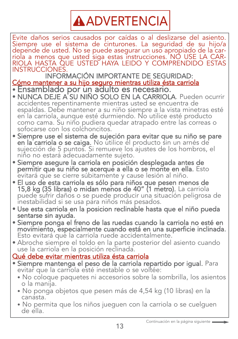 Advertencia, Ensamblado por un adulto es necesario | Kolcraft S67-T User Manual | Page 13 / 36