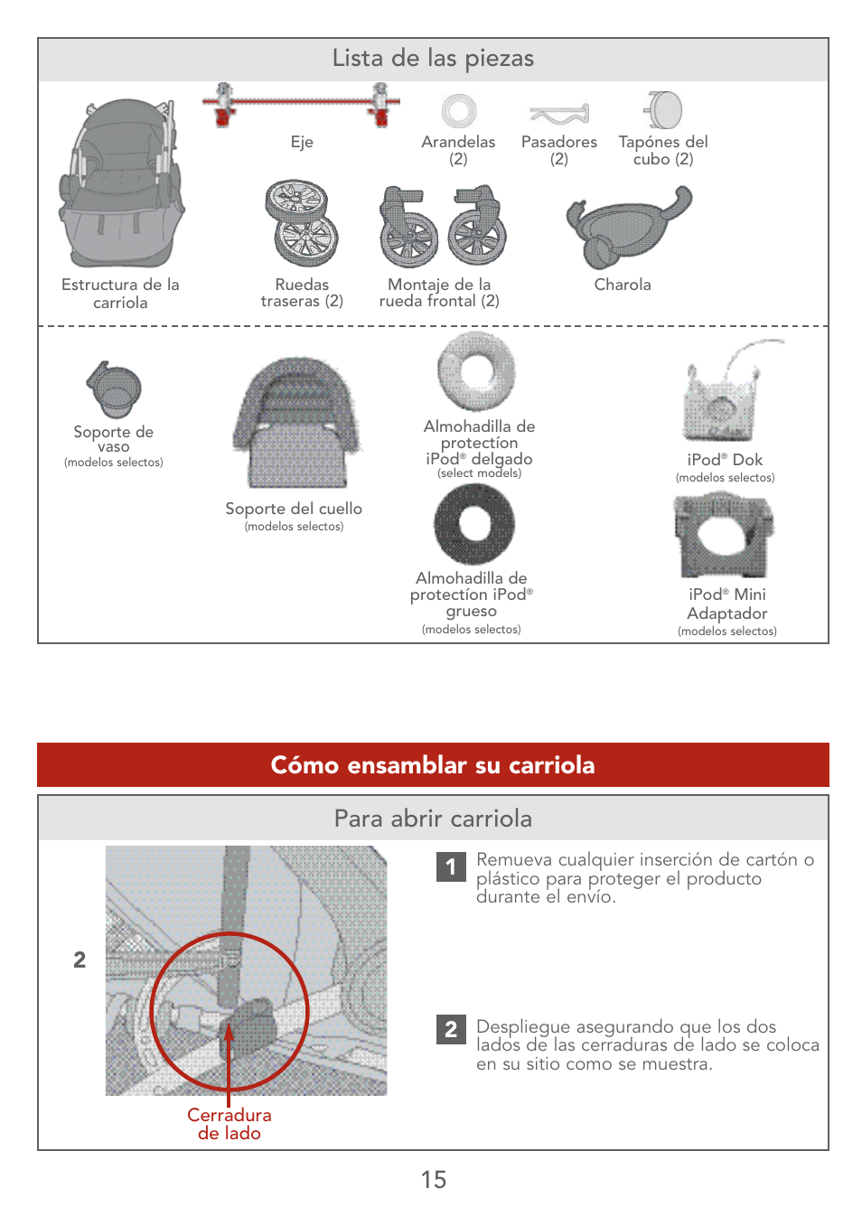 15 para abrir carriola, Cómo ensamblar su carriola, Lista de las piezas | Kolcraft S67-T User Manual | Page 15 / 36