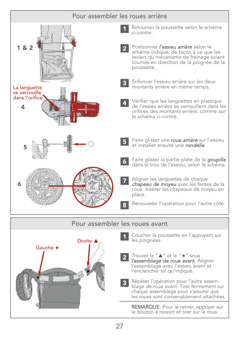 27 pour assembler les roues avant, Pour assembler les roues arrière | Kolcraft S67-T User Manual | Page 27 / 36