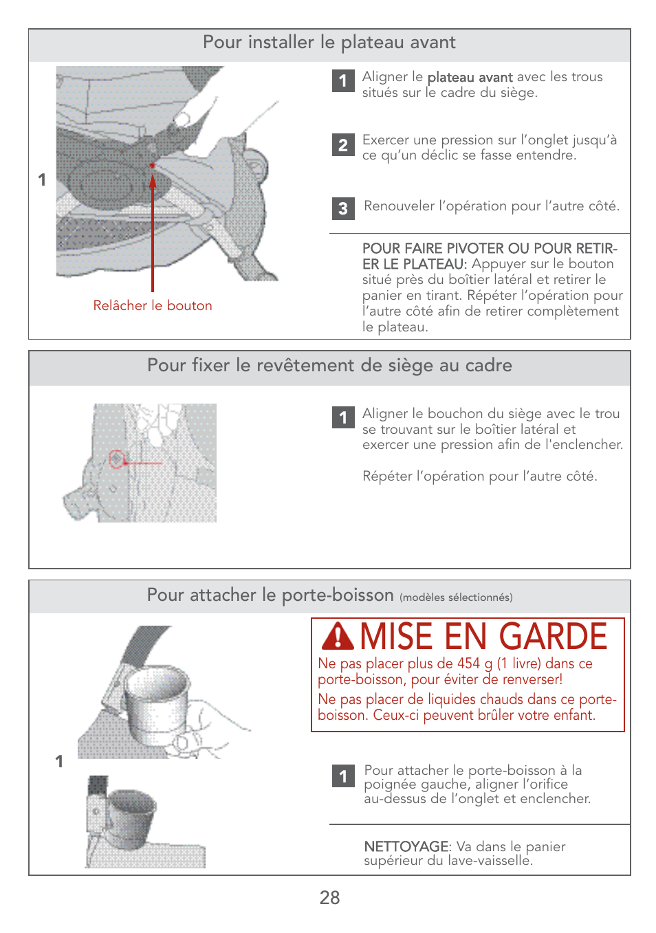Mise en garde, 28 pour installer le plateau avant, Pour attacher le porte-boisson | Pour fixer le revêtement de siège au cadre | Kolcraft S67-T User Manual | Page 28 / 36