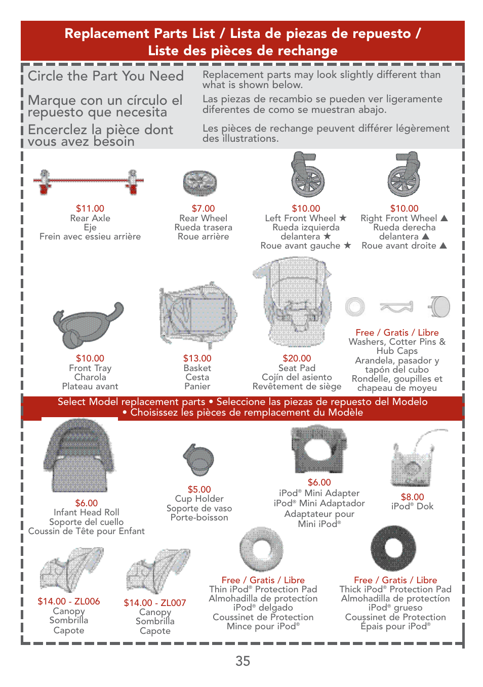 Encerclez la pièce dont vous avez besoin, Marque con un círculo el repuesto que necesita | Kolcraft S67-T User Manual | Page 35 / 36