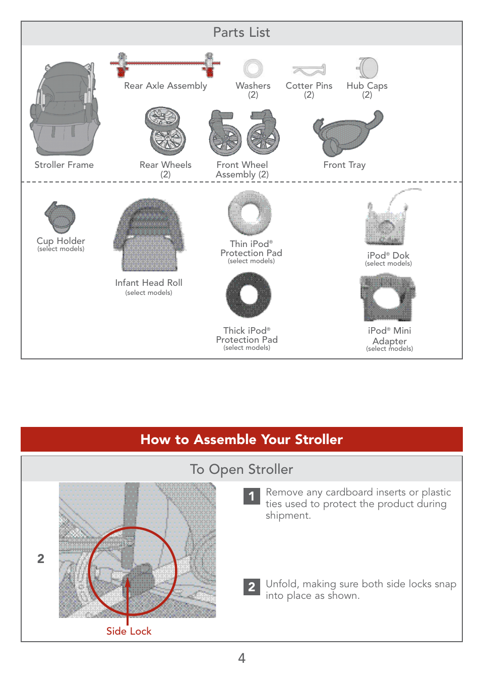 4to open stroller, Parts list, How to assemble your stroller | Kolcraft S67-T User Manual | Page 4 / 36