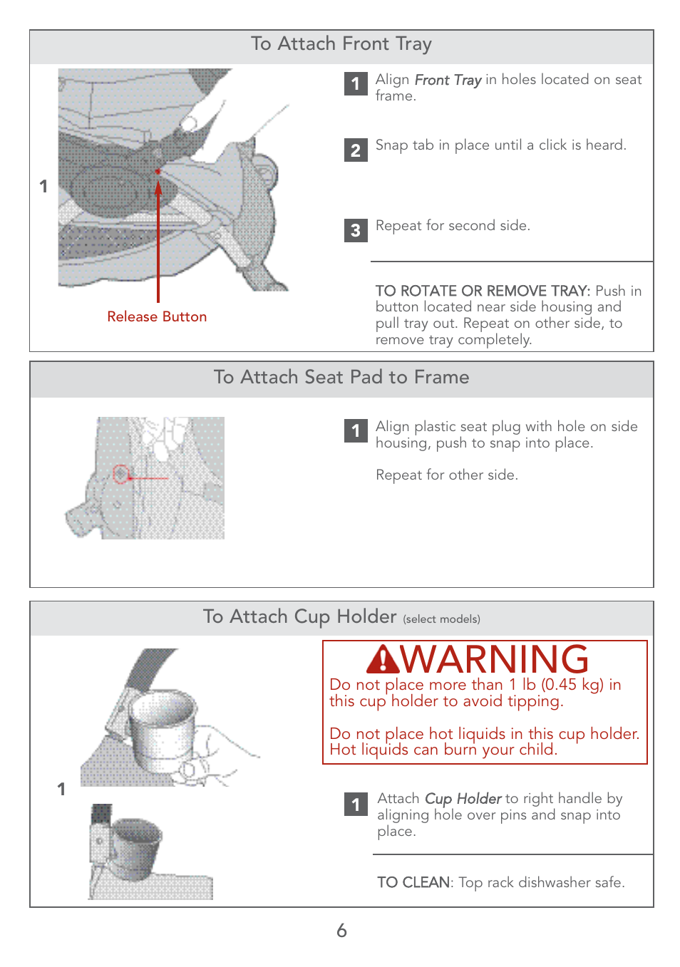 Warning, 6to attach front tray | Kolcraft S67-T User Manual | Page 6 / 36