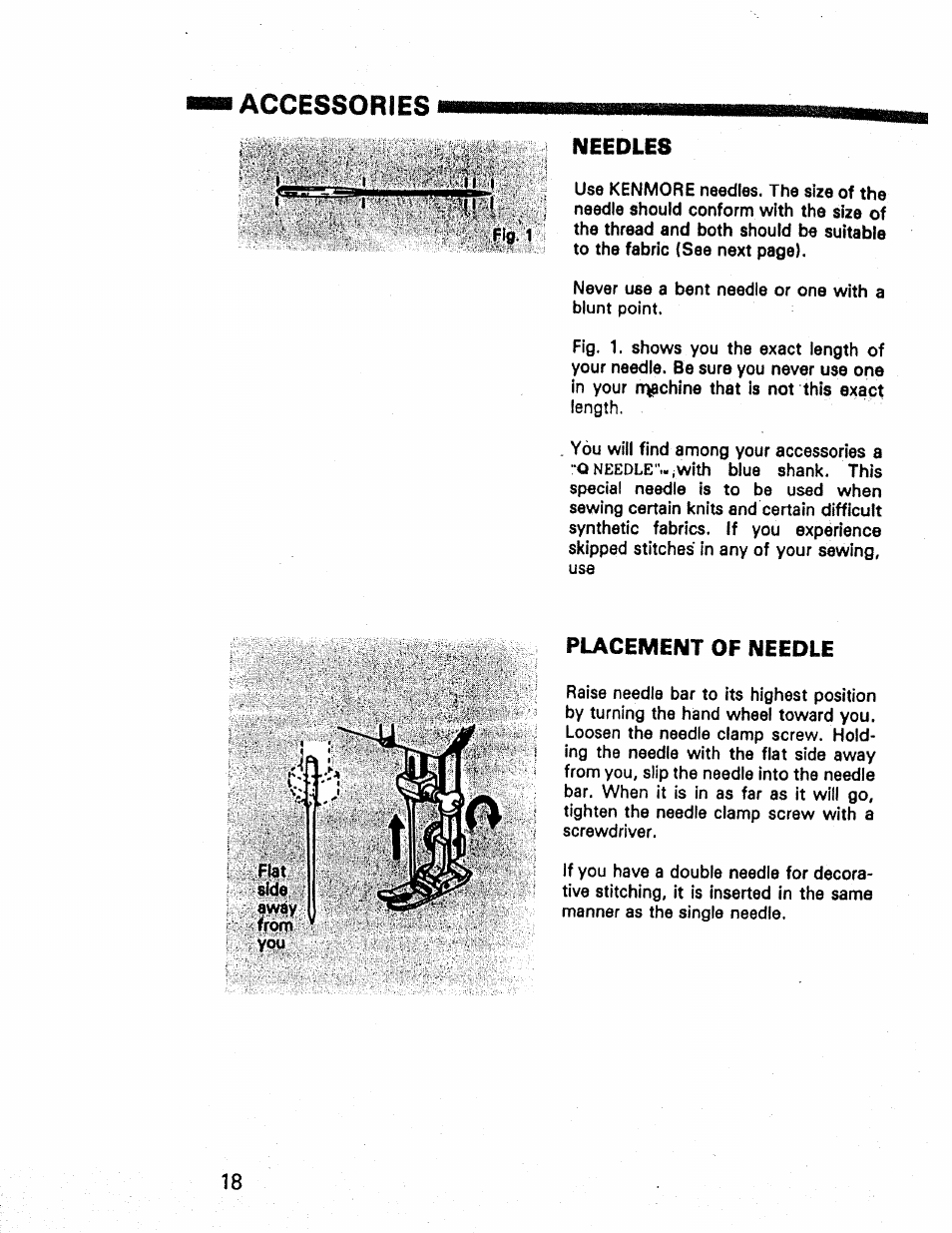 Needles, Placement of needle, Accessories | Kenmore 1660 User Manual | Page 19 / 51