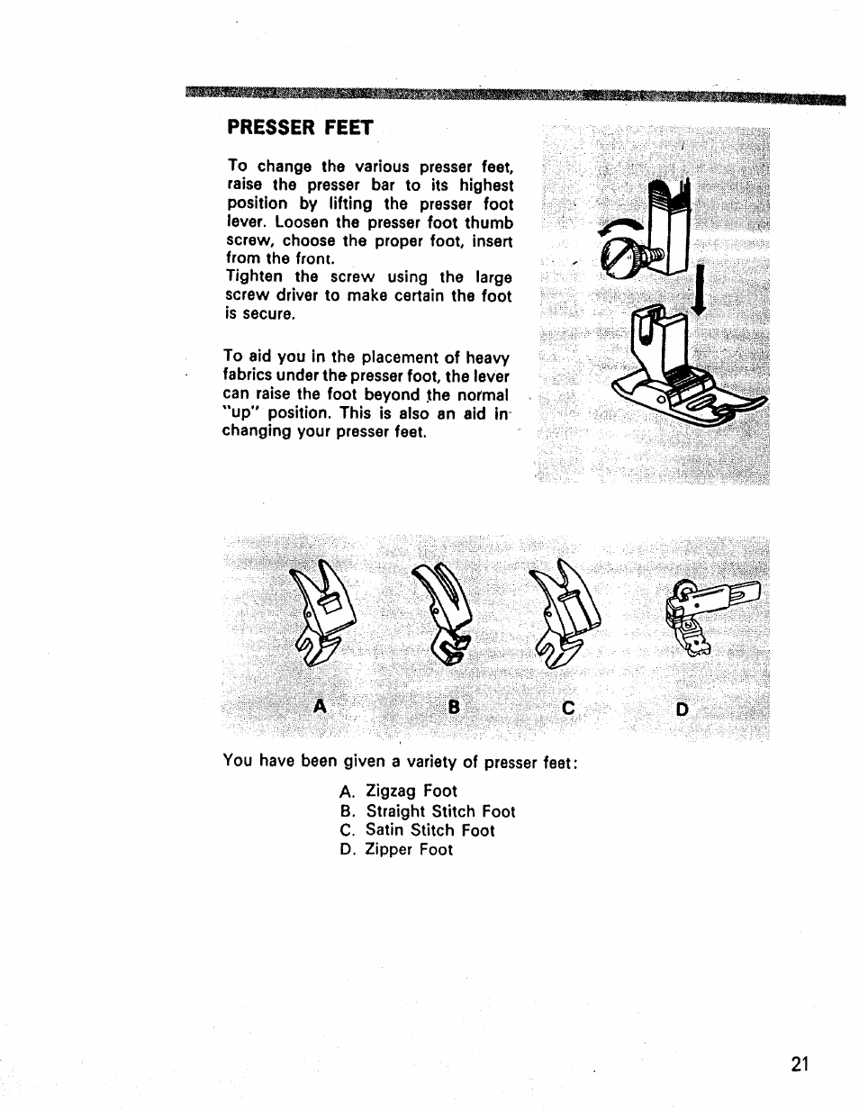 Presser feet | Kenmore 1660 User Manual | Page 22 / 51