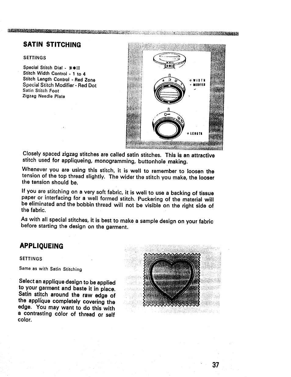 Satin stitching, Appliqueing | Kenmore 1660 User Manual | Page 38 / 51