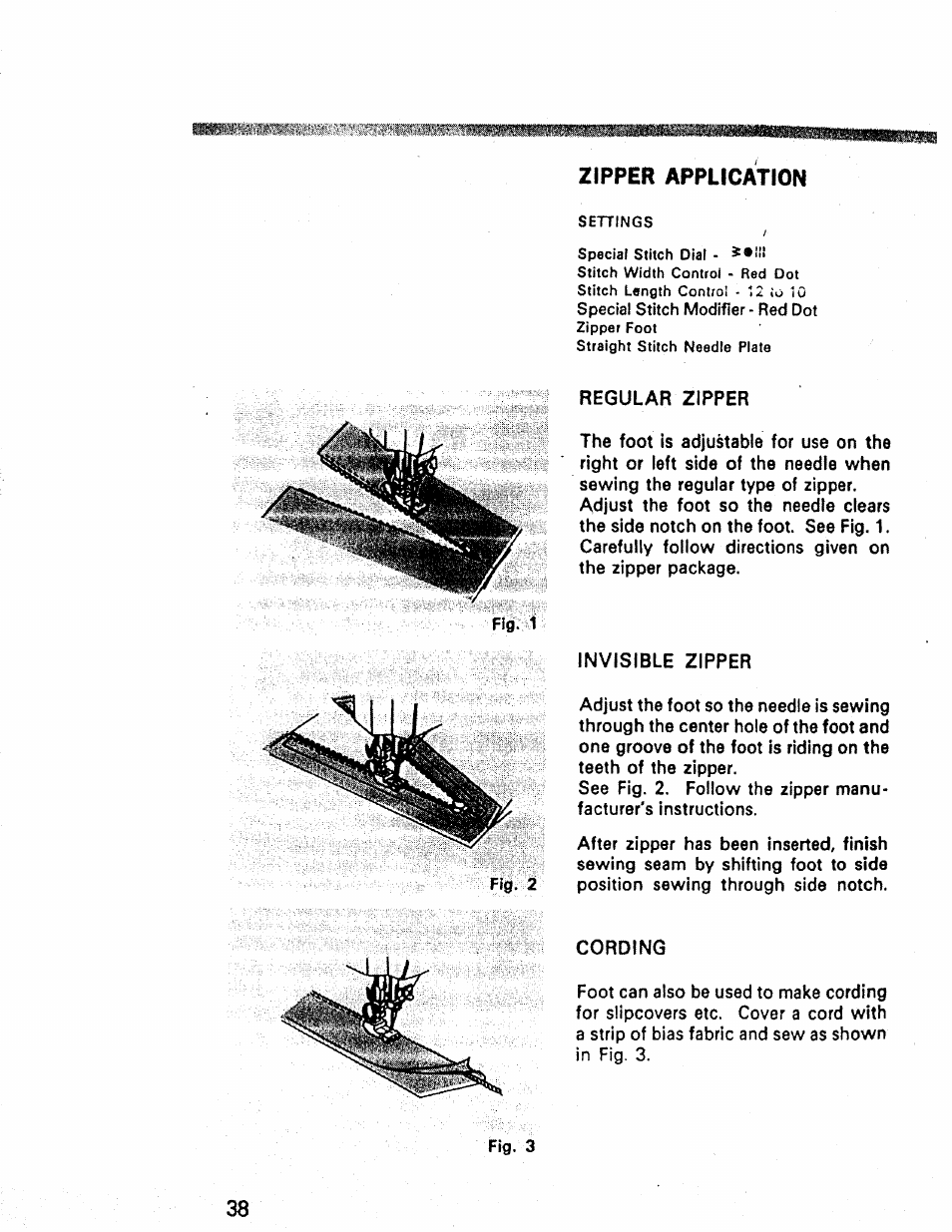 Zipper application, Regular zipper, Invisible zipper | Cording | Kenmore 1660 User Manual | Page 39 / 51