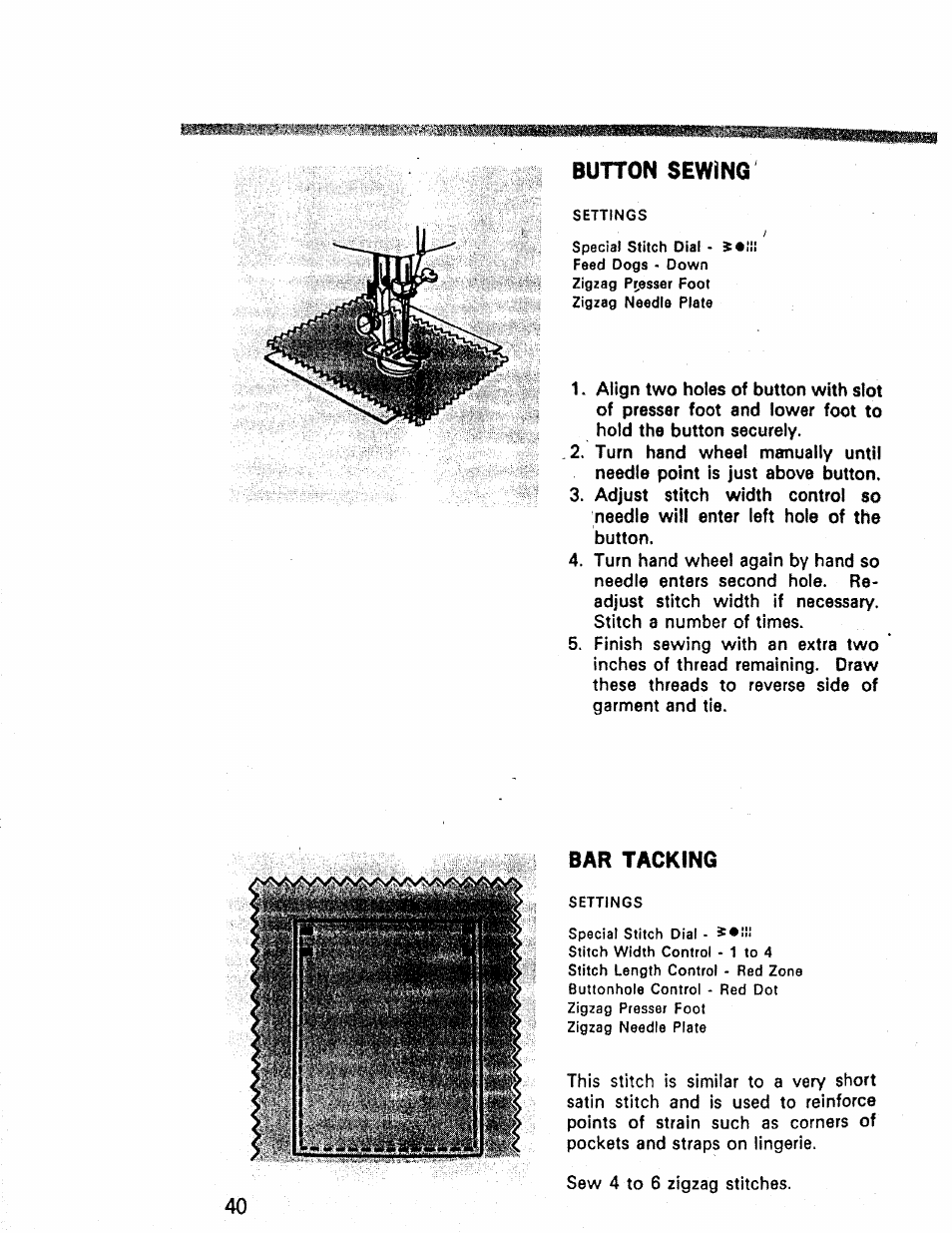 Button sewinq, Bar tacking | Kenmore 1660 User Manual | Page 41 / 51