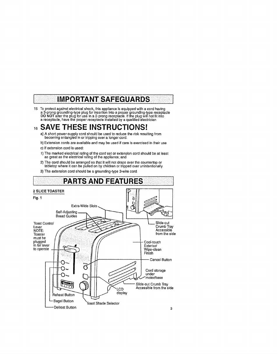 10 save these instructions, Parts and features, Important safeguards | Save these instructions | Kenmore 100.90003 User Manual | Page 3 / 8