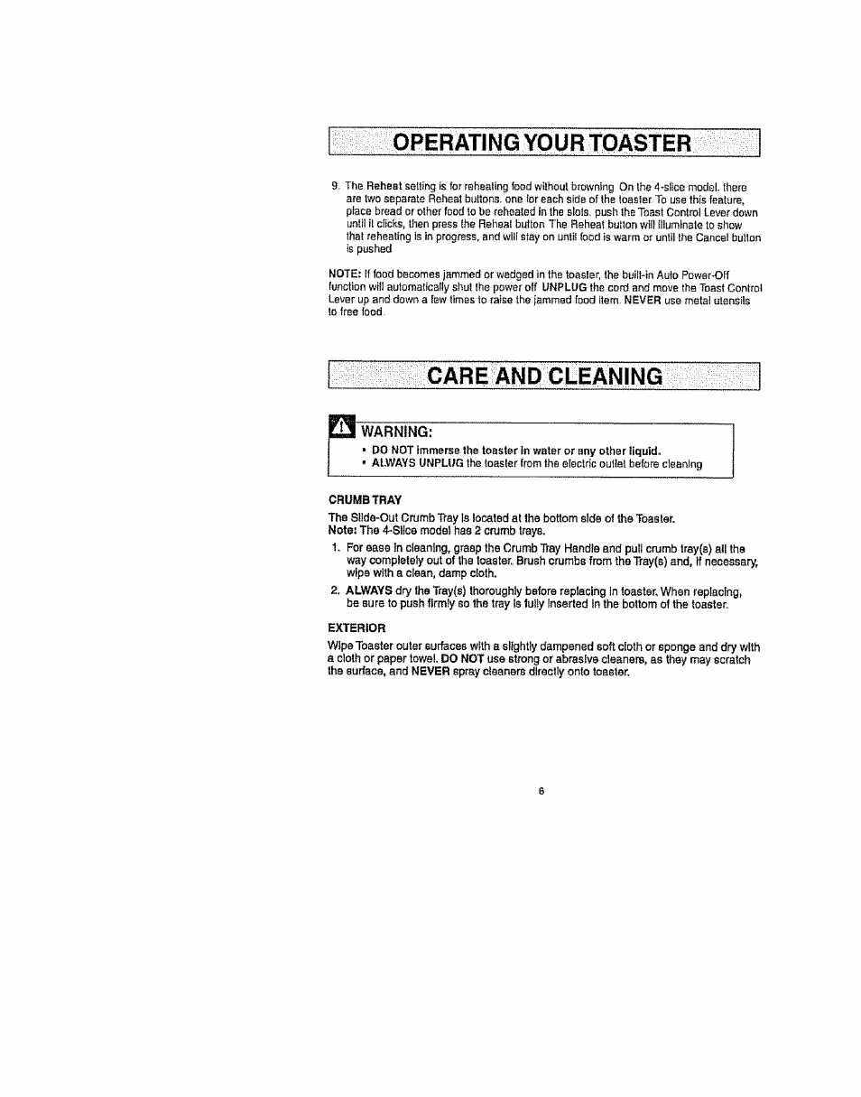 Operating your toaster, Warning, Gäre änd cl.eäning | Kenmore 100.90003 User Manual | Page 6 / 8