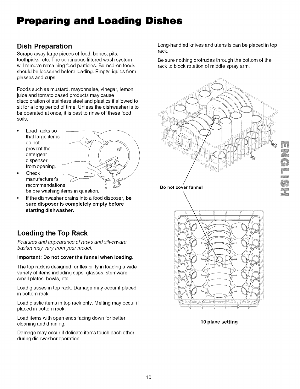 Dish preparation, Loading the top rack, Preparing and loading dishes | Kenmore 587.161500 User Manual | Page 10 / 36