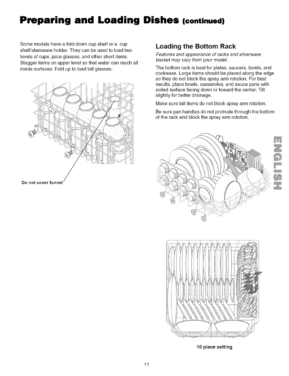 Loading the bottom rack, Preparing and loading dishes, Continued) | Kenmore 587.161500 User Manual | Page 11 / 36