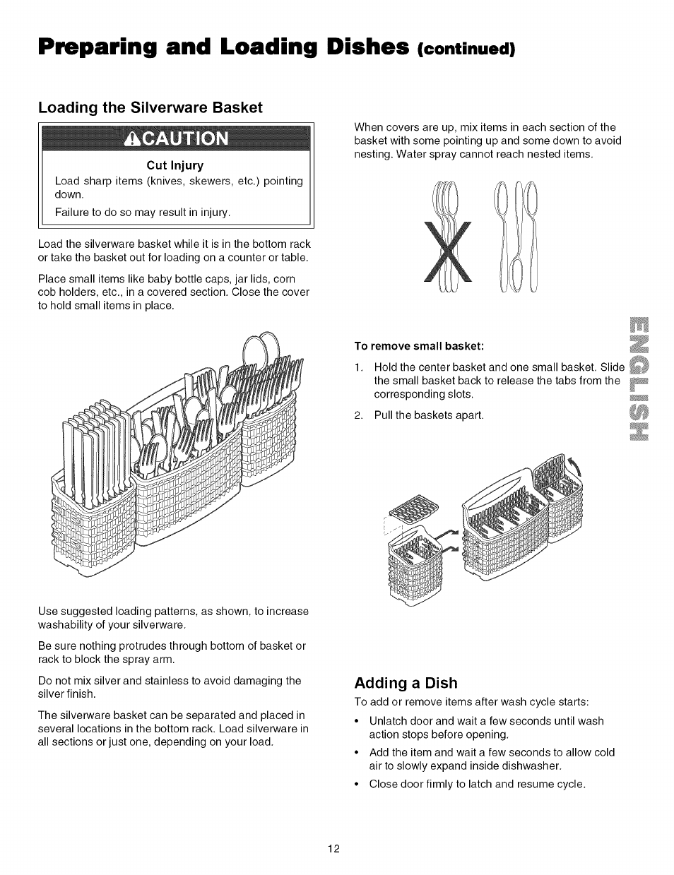 Loading the silverware basket, Adding a dish, Preparing and loading dishes | Continued), Acautio | Kenmore 587.161500 User Manual | Page 12 / 36