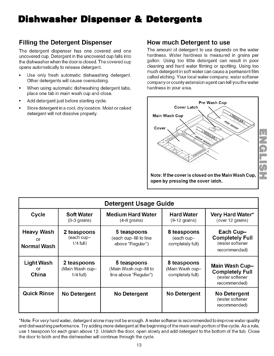 Filling the detergent dispenser, How much detergent to use, Dishwasher dispenser & detergents | Detergent usage guide | Kenmore 587.161500 User Manual | Page 13 / 36