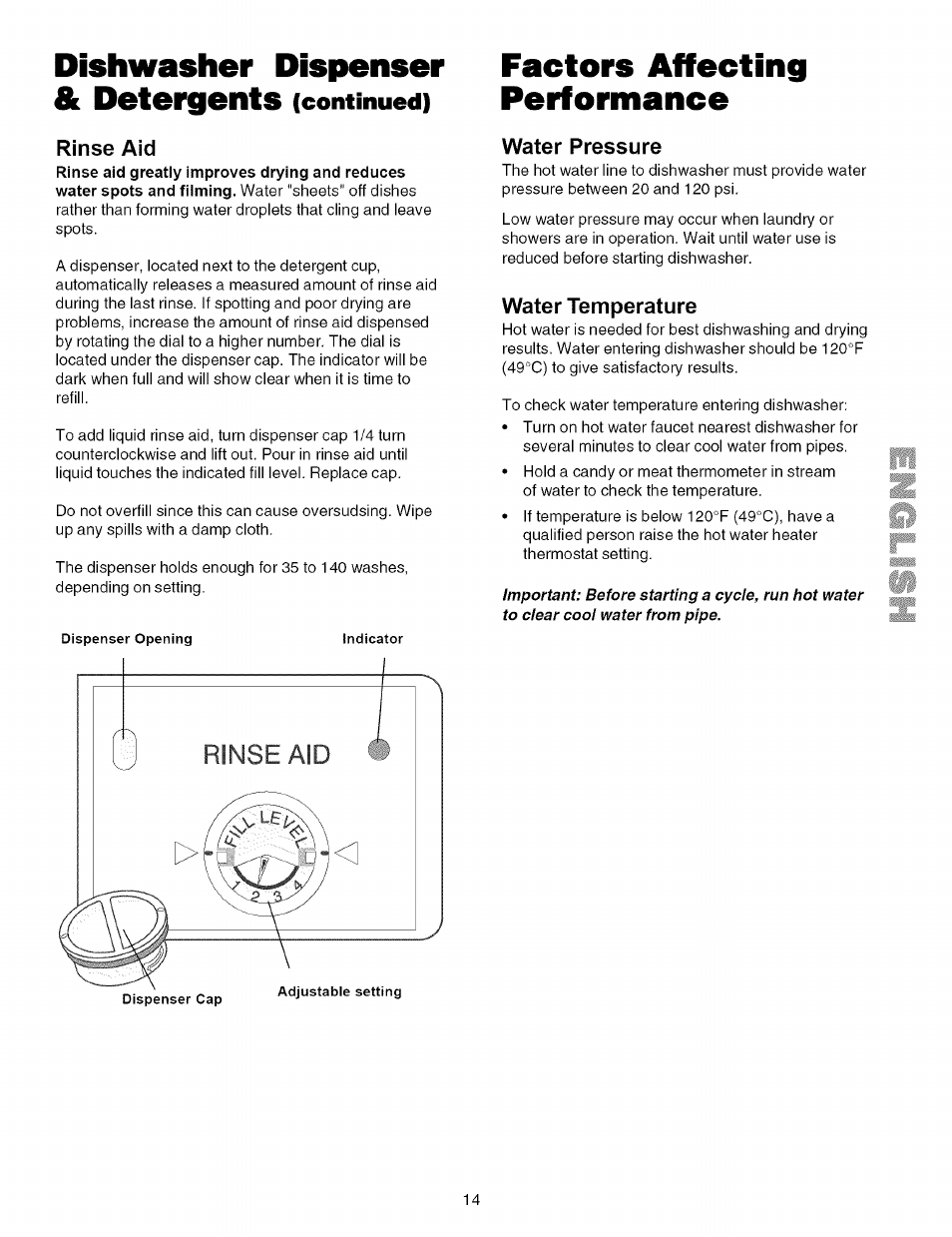 Rinse aid, Water pressure, Water temperature | Dishwasher dispenser & detergents (continued), Factors affecting performance | Kenmore 587.161500 User Manual | Page 14 / 36