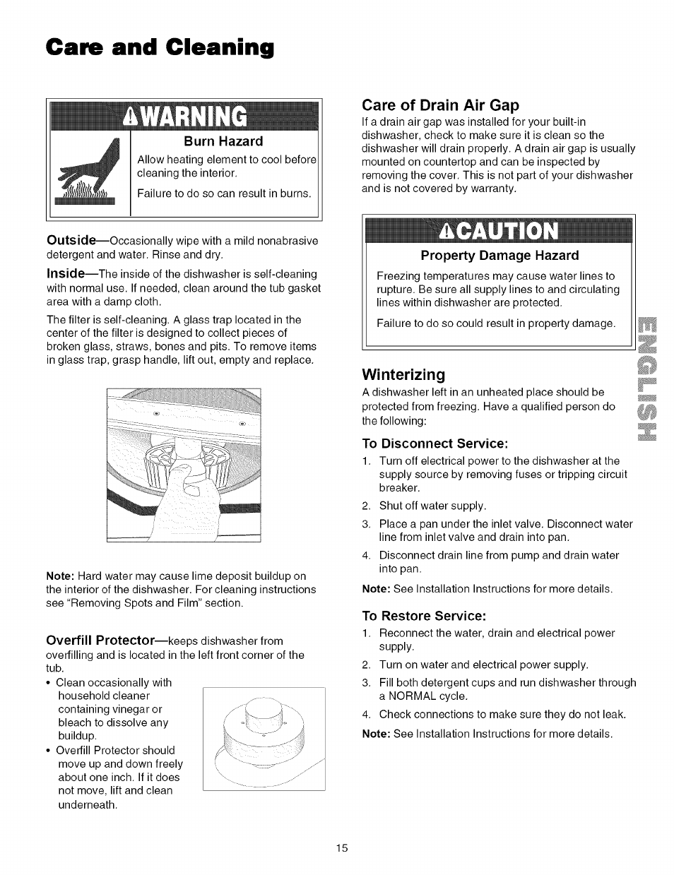 Care of drain air gap, Winterizing, To disconnect service | To restore service, Care and cleaning awarnin, Acautio | Kenmore 587.161500 User Manual | Page 15 / 36