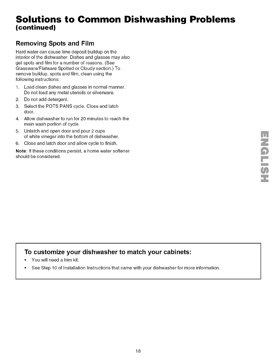 Removing spots and film, Solutions to common dishwashing problems, Continued) | Kenmore 587.161500 User Manual | Page 18 / 36