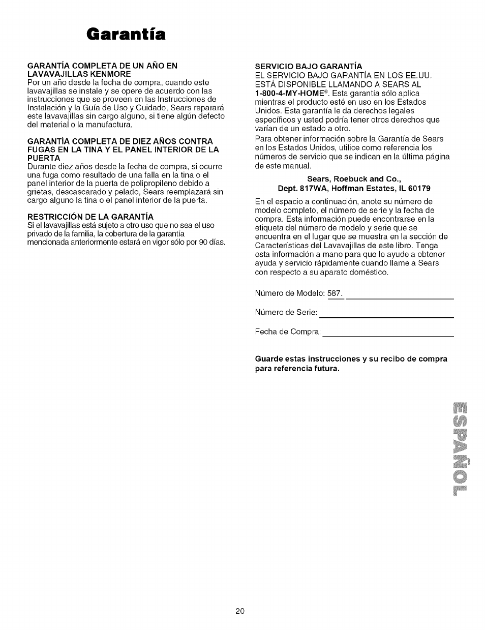 Garantía | Kenmore 587.161500 User Manual | Page 20 / 36