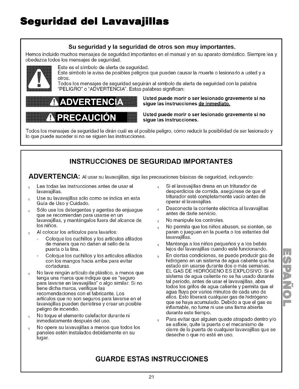 Instrucciones de seguridad importantes, Guarde estas instrucciones, Seguridad del lavavajillas | Advertencia precaución | Kenmore 587.161500 User Manual | Page 21 / 36