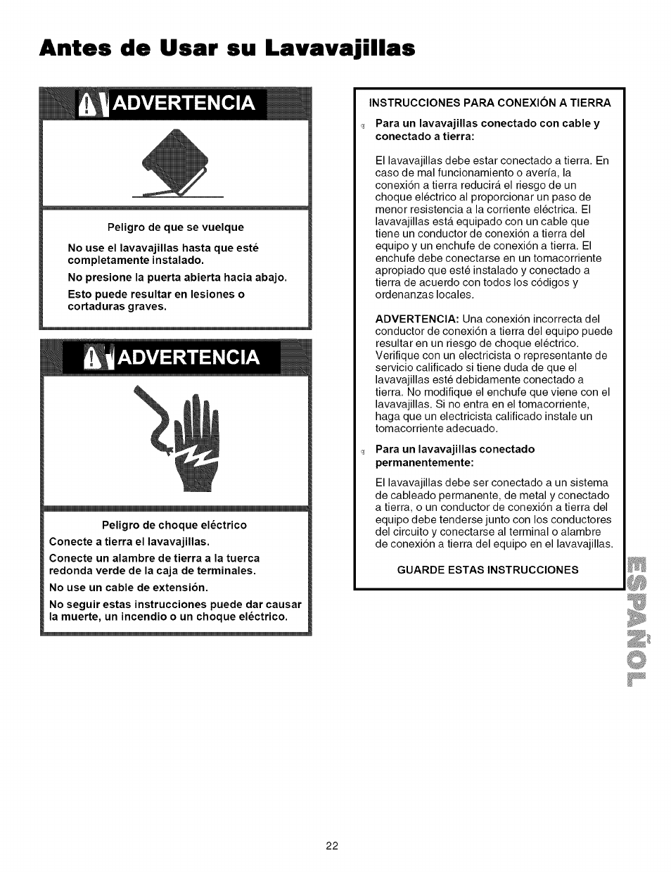 Antes de usar su lavavajillas, Advertencia, 4 ^advertencia | Kenmore 587.161500 User Manual | Page 22 / 36