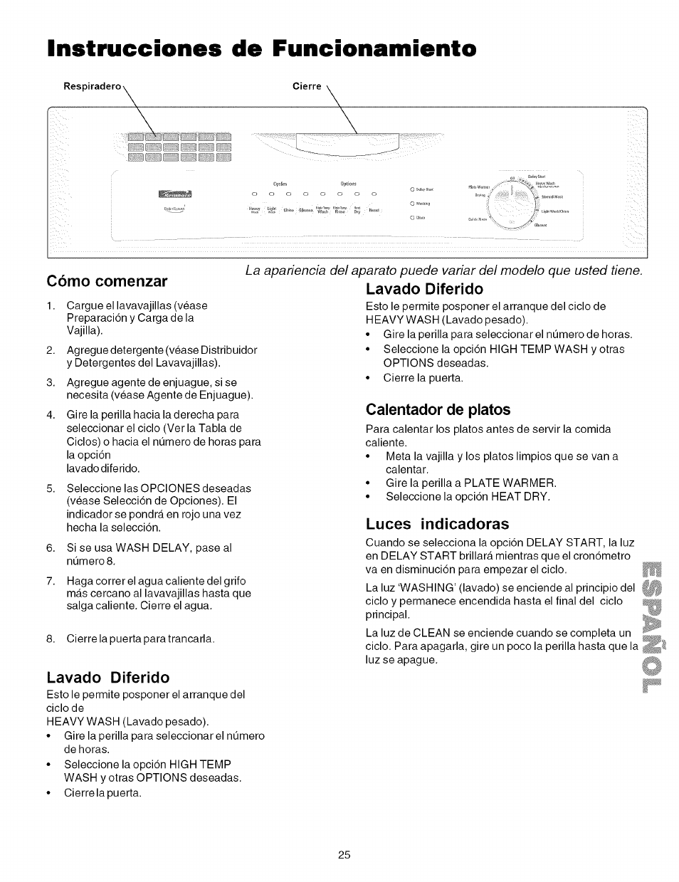 Instrucciones de funcionamiento, Lavado diferido, Calentador de platos | Luces indicadoras | Kenmore 587.161500 User Manual | Page 25 / 36