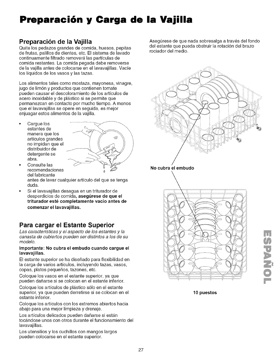 Preparación de la vajilla, Para cargar el estante superior, Preparación y carga de la vajilla | Kenmore 587.161500 User Manual | Page 27 / 36