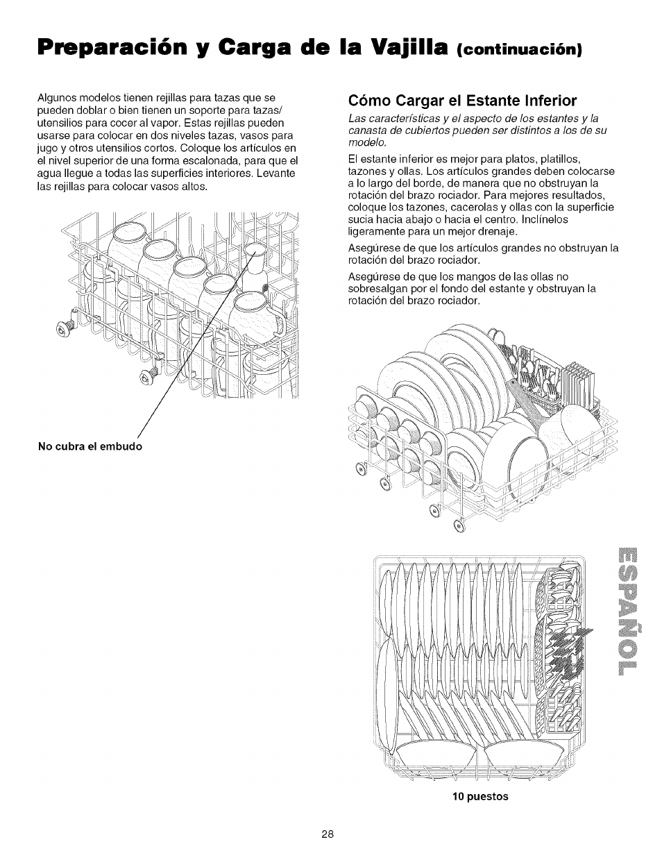 Cómo cargar el estante inferior, Preparación y carga de la vajilla | Kenmore 587.161500 User Manual | Page 28 / 36