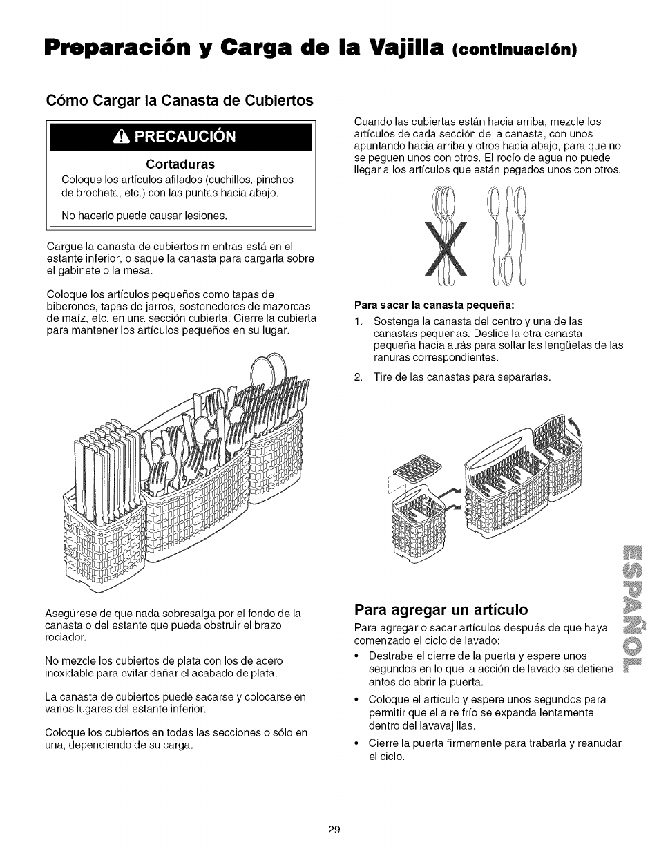 Cómo cargar la canasta de cubiertos, Cortaduras, Para agregar un artículo | Preparación y carga de la vajilla, Continuación), Cómo cargar la canasta de cubiertos à precaución | Kenmore 587.161500 User Manual | Page 29 / 36