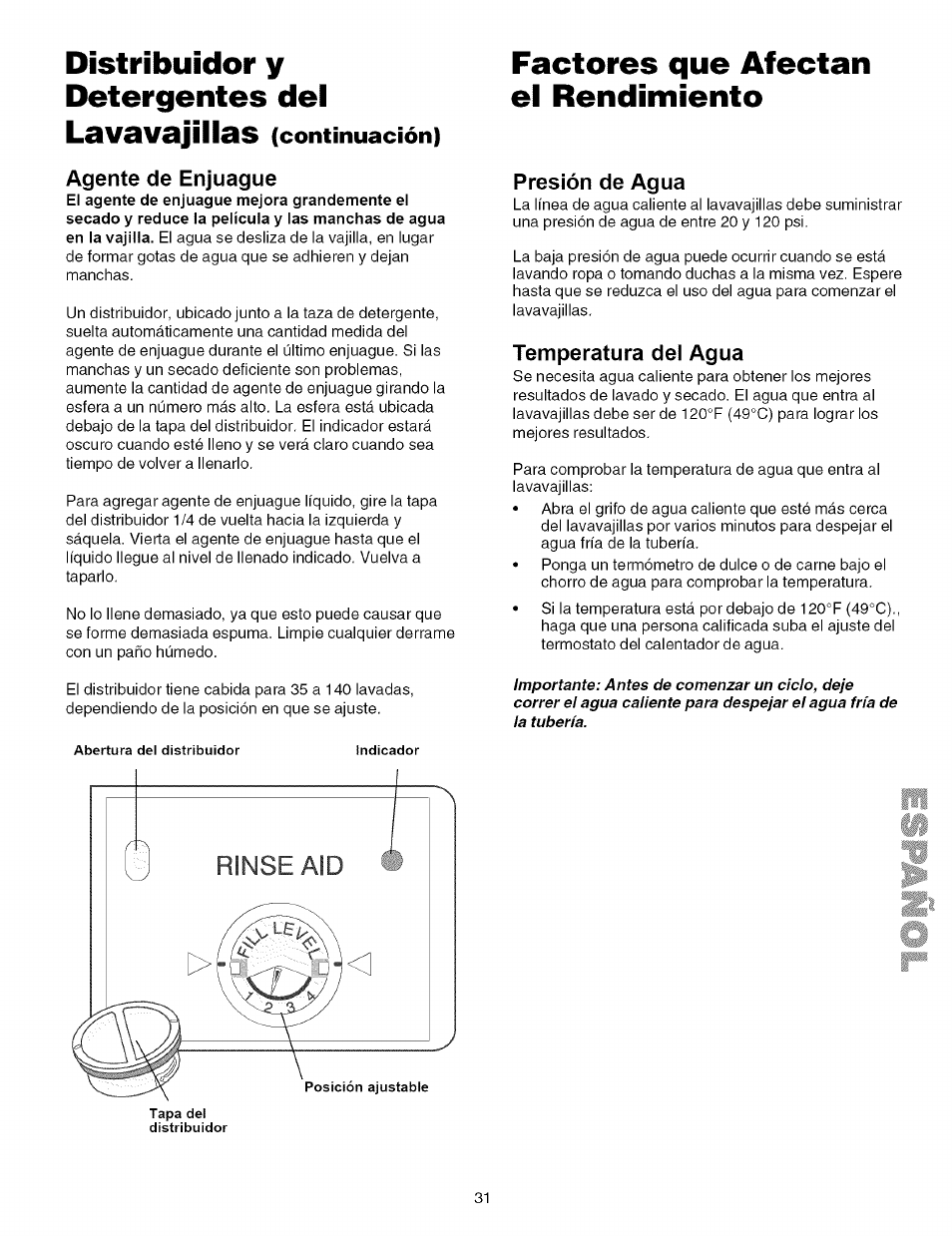 Agente de enjuague, Presión de agua, Temperatura del agua | Distribuidor y detergentes del lavavajillas, Factores que afectan el rendimiento, Continuación) | Kenmore 587.161500 User Manual | Page 31 / 36