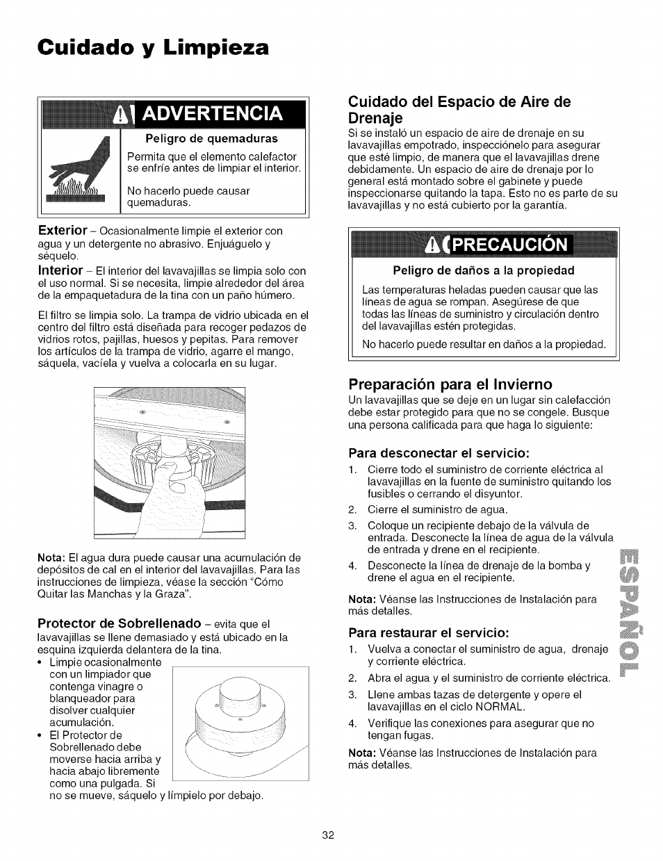 Cuidado del espacio de aire de drenaje, Preparación para el invierno, Para desconectar el servicio | Para restaurar el servicio, Cuidado y limpieza, Advertencia, A(precaución | Kenmore 587.161500 User Manual | Page 32 / 36