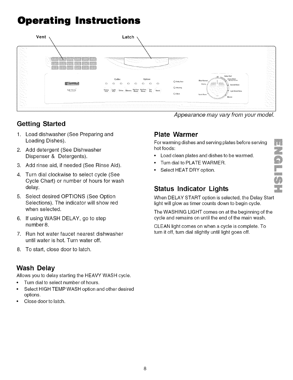 Operating instructions, Wash delay, Operating instructions -9 | Kenmore 587.161500 User Manual | Page 8 / 36