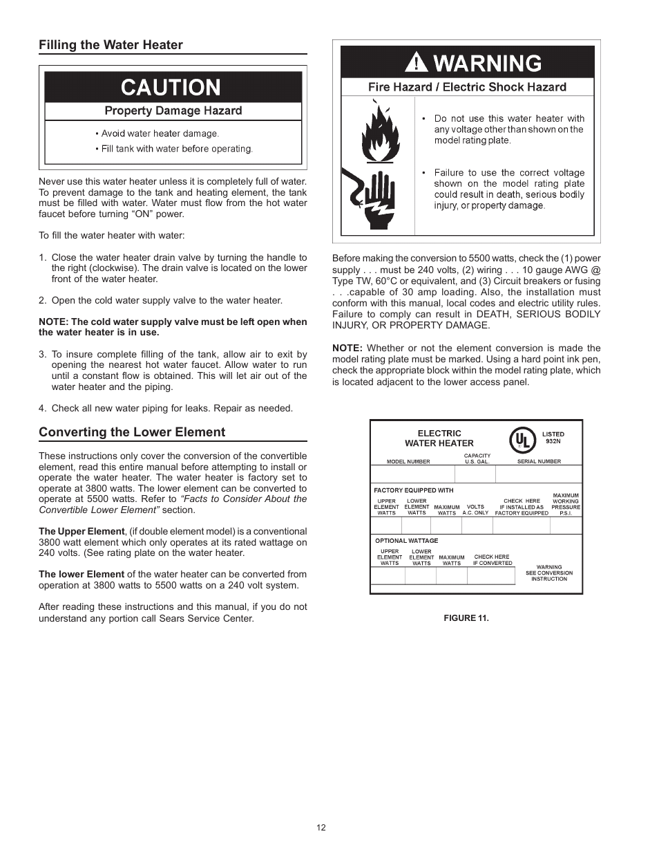 Filling the water heater, Converting the lower element | Kenmore POWER MISER 153.326265 User Manual | Page 12 / 28