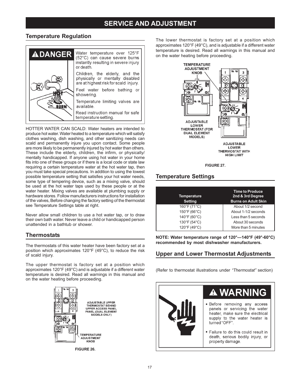 Service and adjustment, Temperature settings, Upper and lower thermostat adjustments | Temperature regulation, Thermostats | Kenmore POWER MISER 153.326265 User Manual | Page 17 / 28