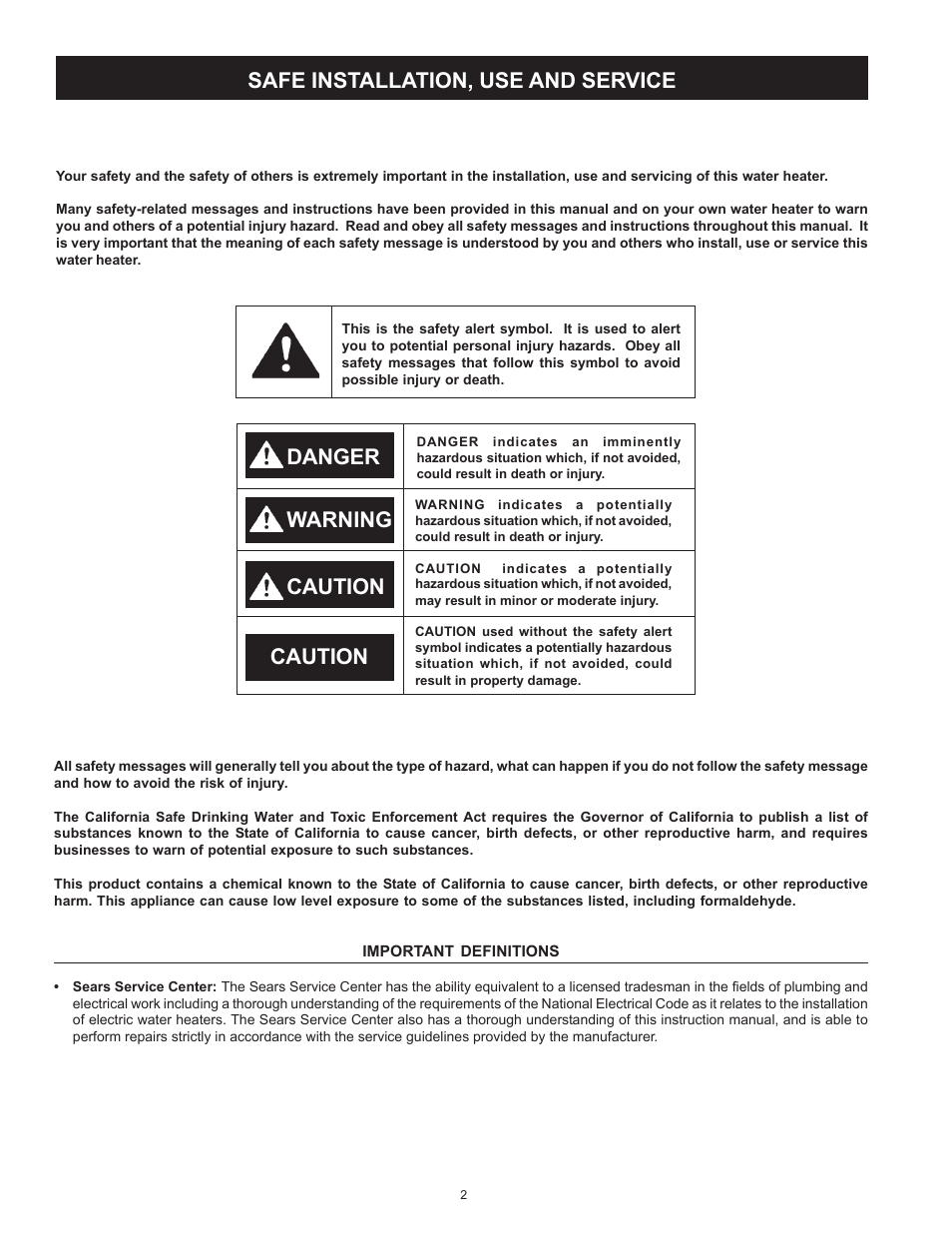 Safe installation, use and service, Danger warning caution, Caution | Kenmore POWER MISER 153.326265 User Manual | Page 2 / 28