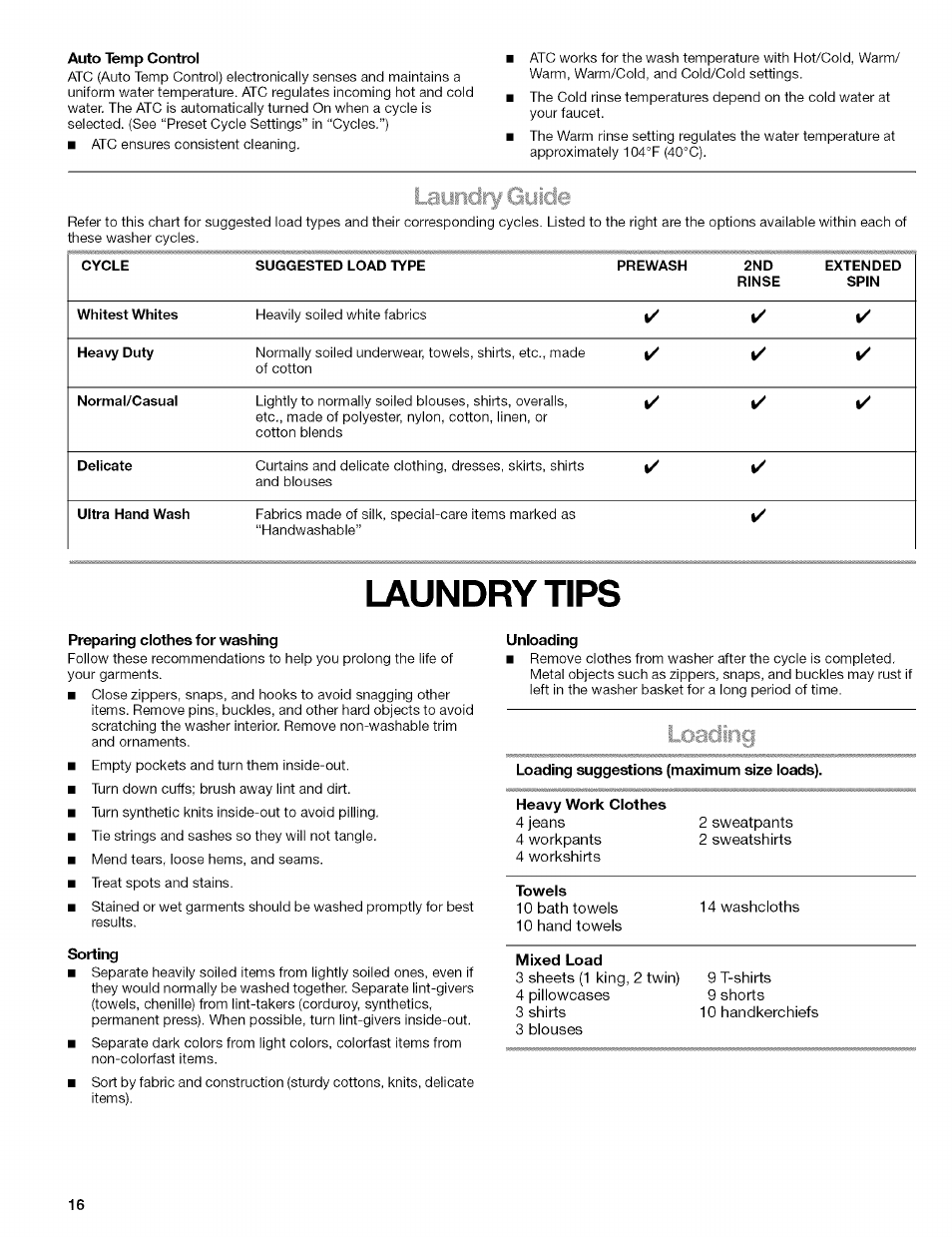 Auto temp control, Preparing clothes for washing, Sorting | Unloading, Mixed load, Laundry tips, Loading | Kenmore HE3 110 User Manual | Page 16 / 31