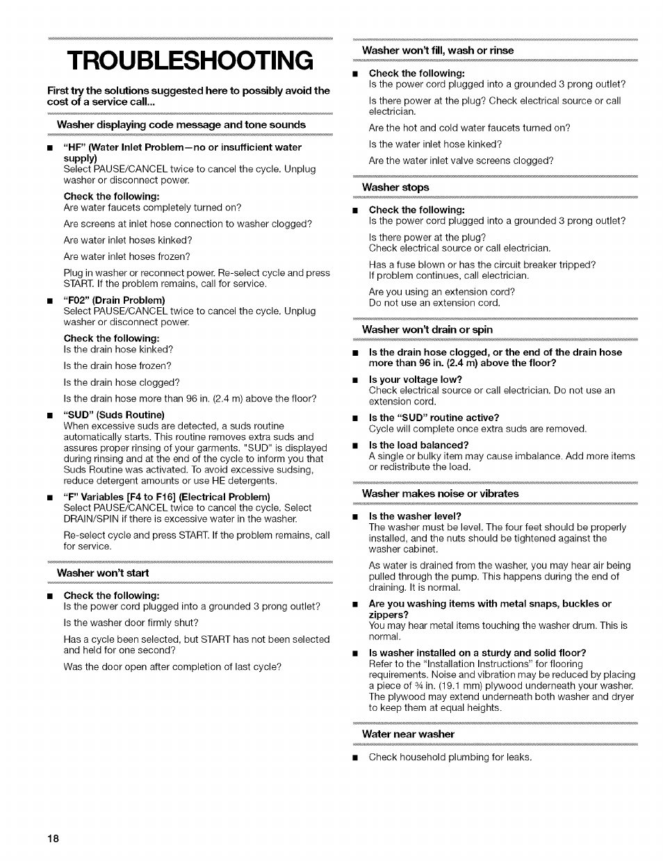Troubleshooting | Kenmore HE3 110 User Manual | Page 18 / 31