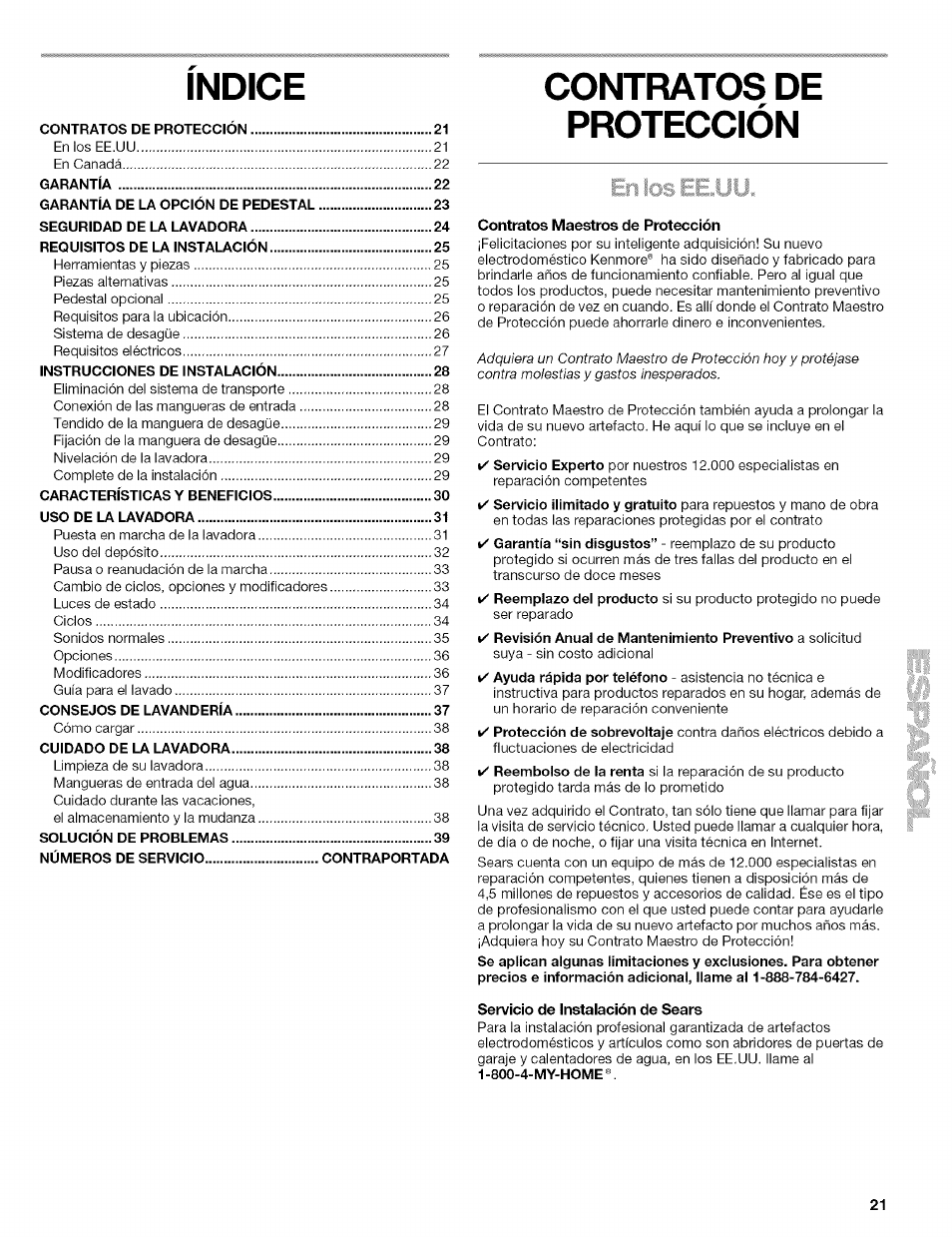 Contratos maestros de protección, Servicio de instalación de sears, Indice | Contratos de protección, Ios ee.uu | Kenmore HE3 110 User Manual | Page 21 / 31