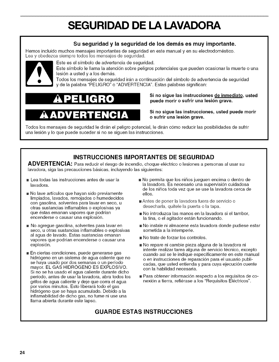 Instrucciones importantes de seguridad, Guarde estas instrucciones, Seguridad de la lavadora | Apeligro, Aadvertencia | Kenmore HE3 110 User Manual | Page 24 / 31