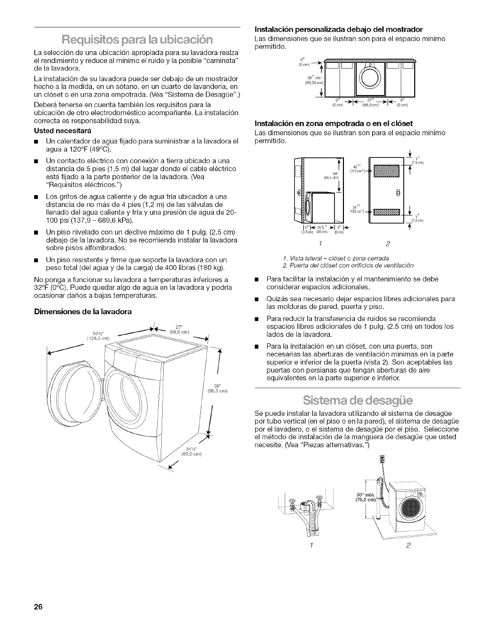 Dimensiones de la lavadora, Instalación personalizada debajo del mostrador, Instalación en zona empotrada o en el clóset | Kenmore HE3 110 User Manual | Page 26 / 31