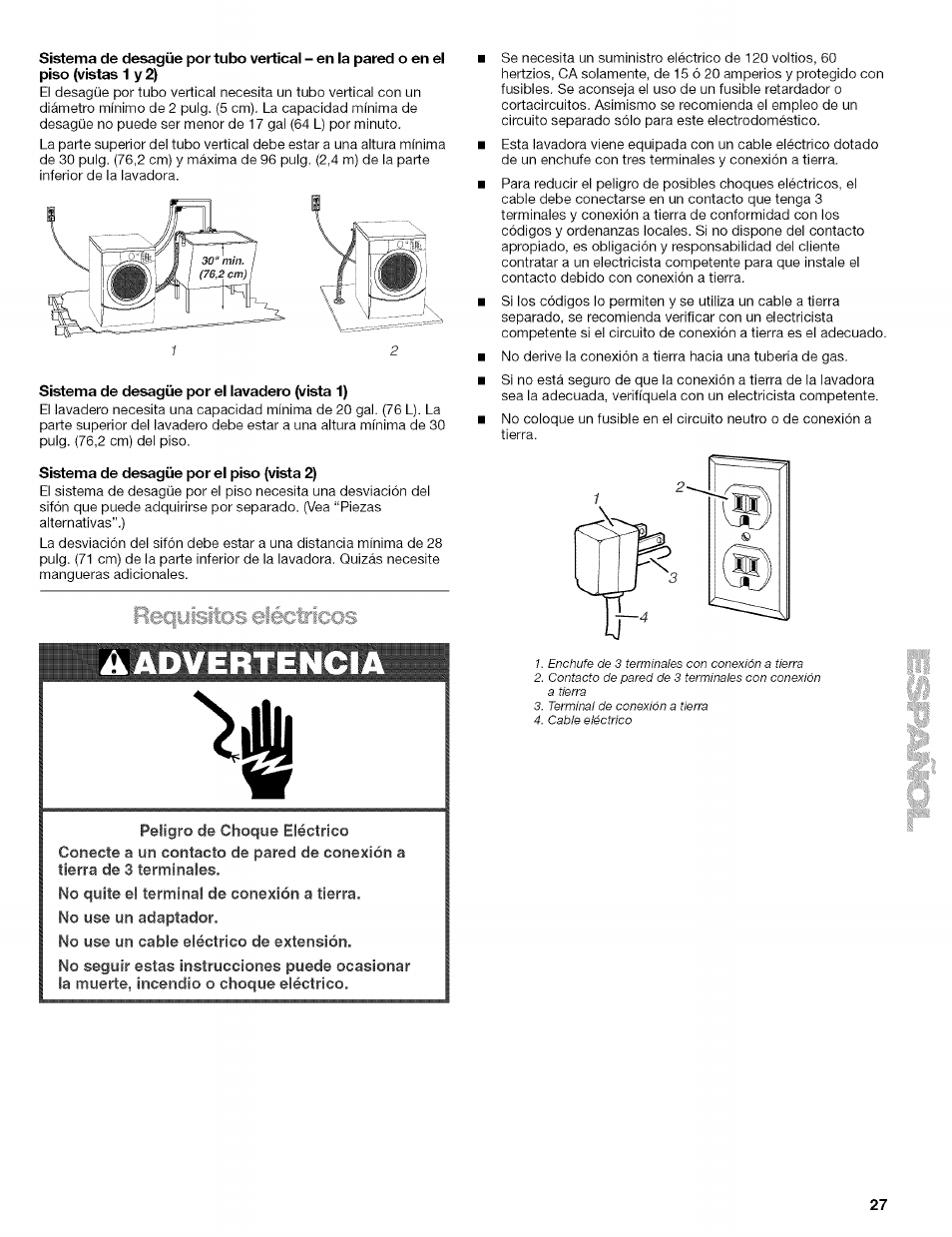 Sistema de desagüe por el lavadero (vista 1), Sistema de desagüe por el piso (vista 2), Â advertencia | Kenmore HE3 110 User Manual | Page 27 / 31