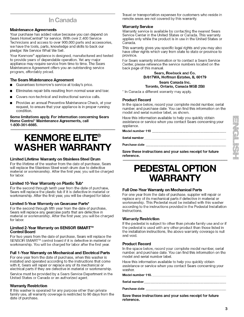Maintenance agreements, The sears maintenance agreement, Limited lifetime warranty on stainless steel drum | Limited 10-year warranty on plastic tub, Limited 5-year warranty on gearcase parts, Limited 2-year warranty on sensor smart, Warranty restriction, Warranty service, Product record, Full one-year warranty on mechanical parts | Kenmore HE3 110 User Manual | Page 3 / 31