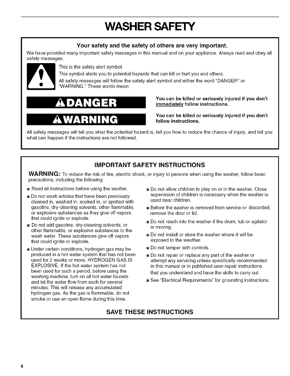 Important safety instructions, Save these instructions, Washer safety | Adanger, Awarning | Kenmore HE3 110 User Manual | Page 4 / 31